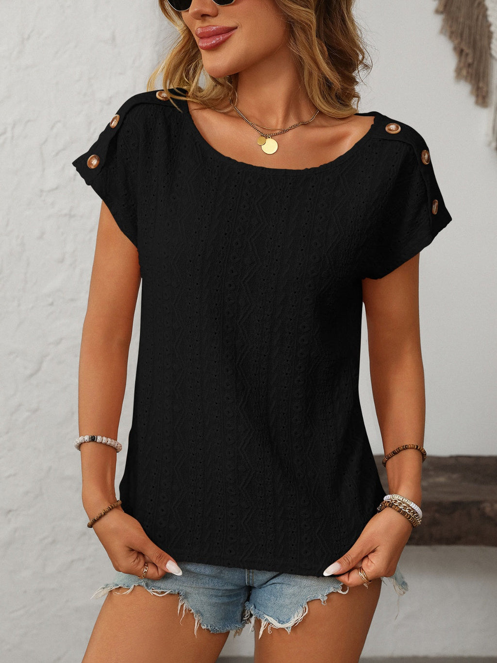 Mandy Eyelet Round Neck Short Sleeve Top VYSN