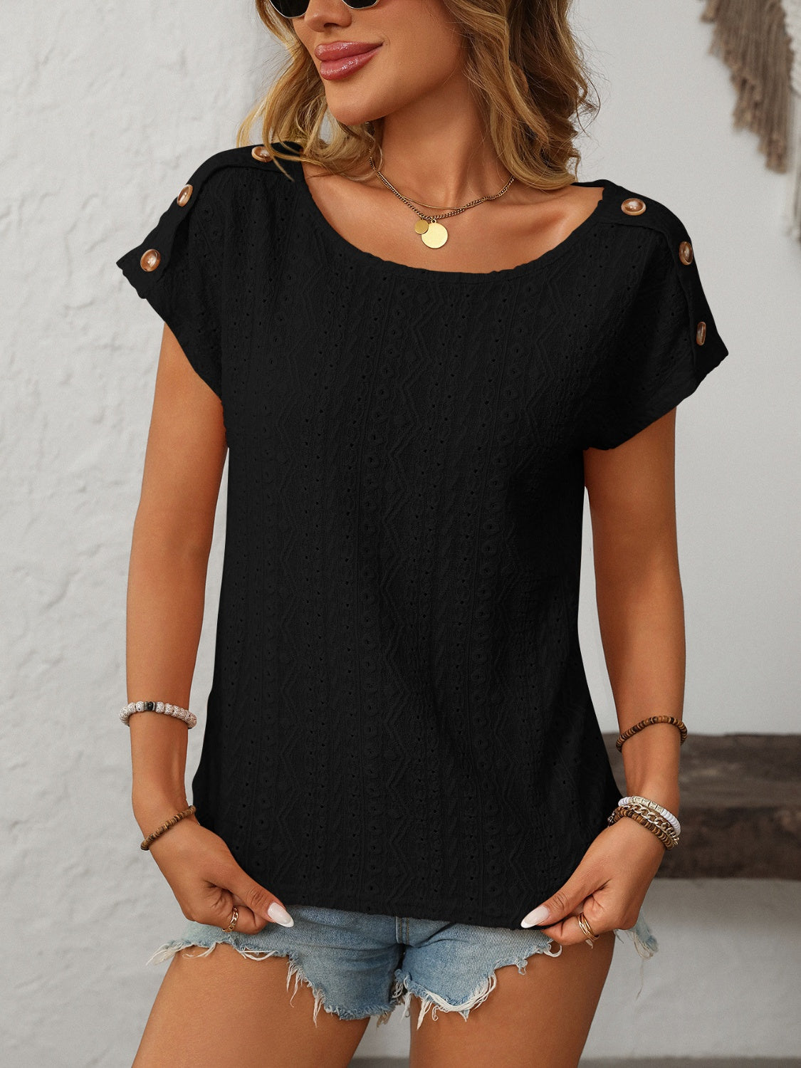 Mandy Eyelet Round Neck Short Sleeve Top VYSN