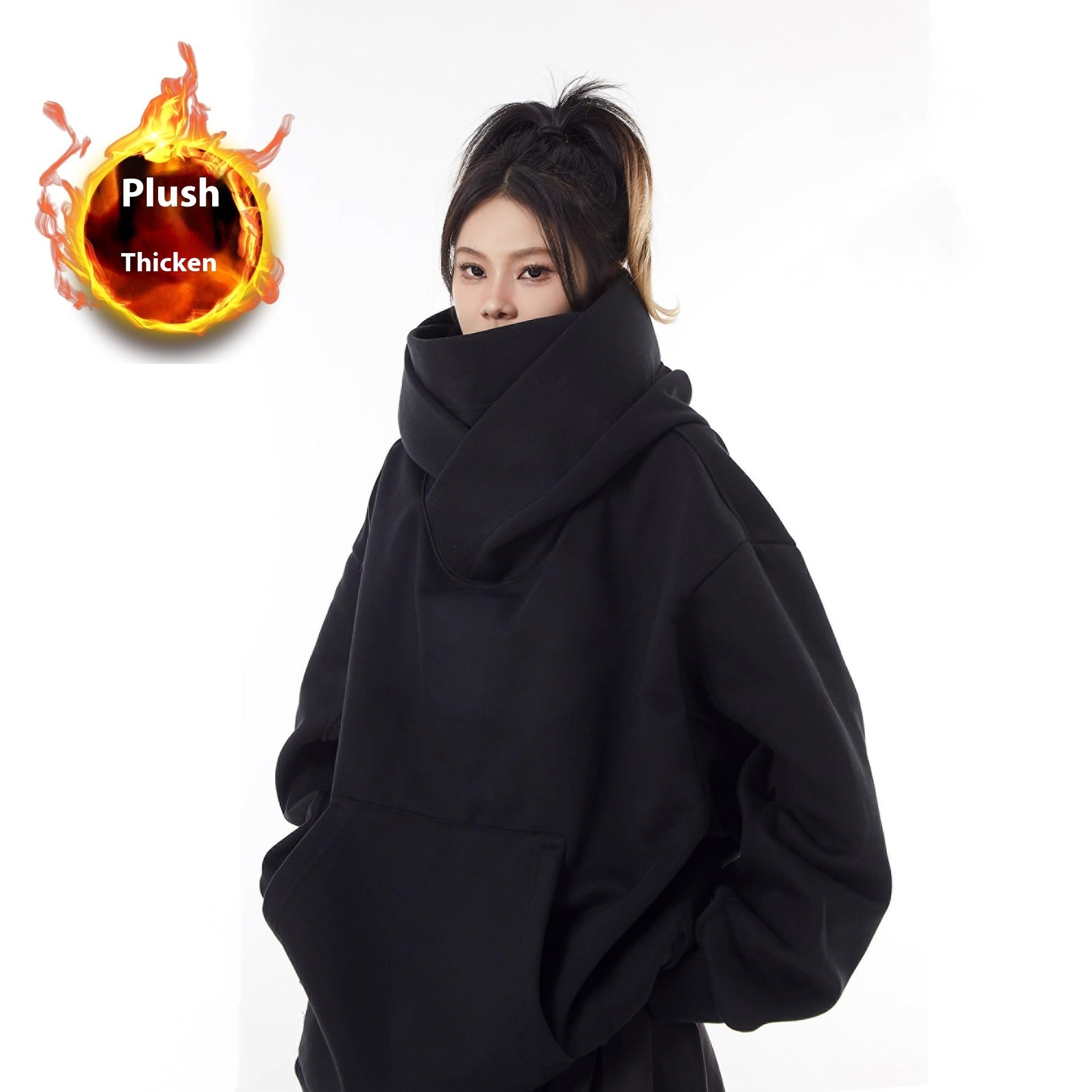 Loose High Collar Fleece Lined Hoodie Wear for Art Thou