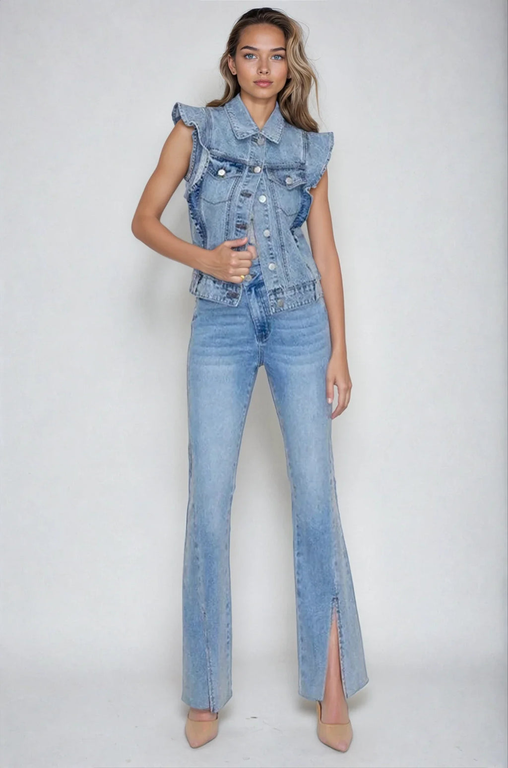 Ruffle-Shoulder Denim Vest Fitkitty Culture Athleisure Wear, Yoga Wear & Women's Clothing