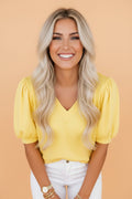 Solid V-Neck Short Puff Sleeve Blouse Pretty Bash