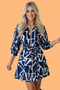 Abstract Geometric Zip Front Tie Waist Shift Dress Pretty Bash