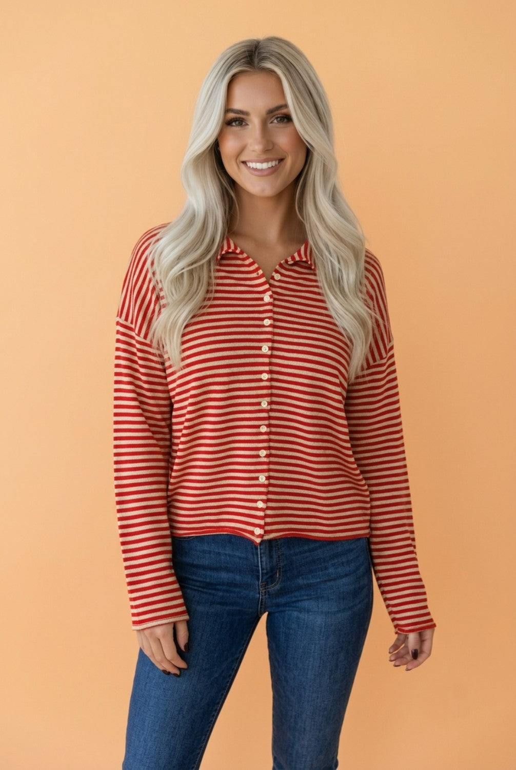 Stripe Button Collar Long Sleeve Knit Cardigan Pretty Bash