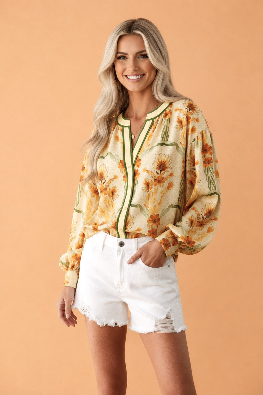 Floral Stripe Contrast V-Neck Puff Long Sleeve Blouse Pretty Bash