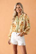 Floral Stripe Contrast V-Neck Puff Long Sleeve Blouse Pretty Bash
