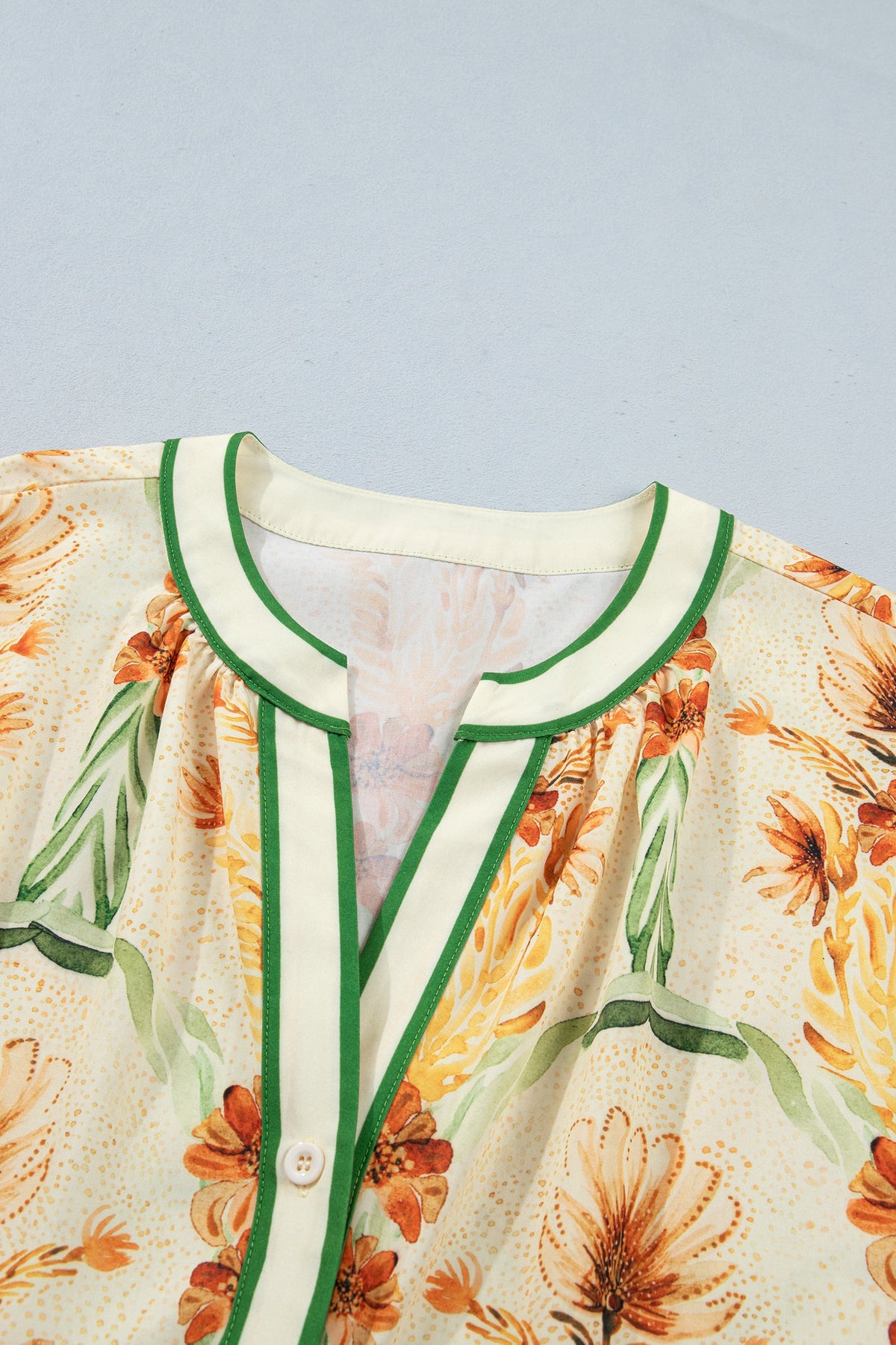 Floral Stripe Contrast V-Neck Puff Long Sleeve Blouse Pretty Bash