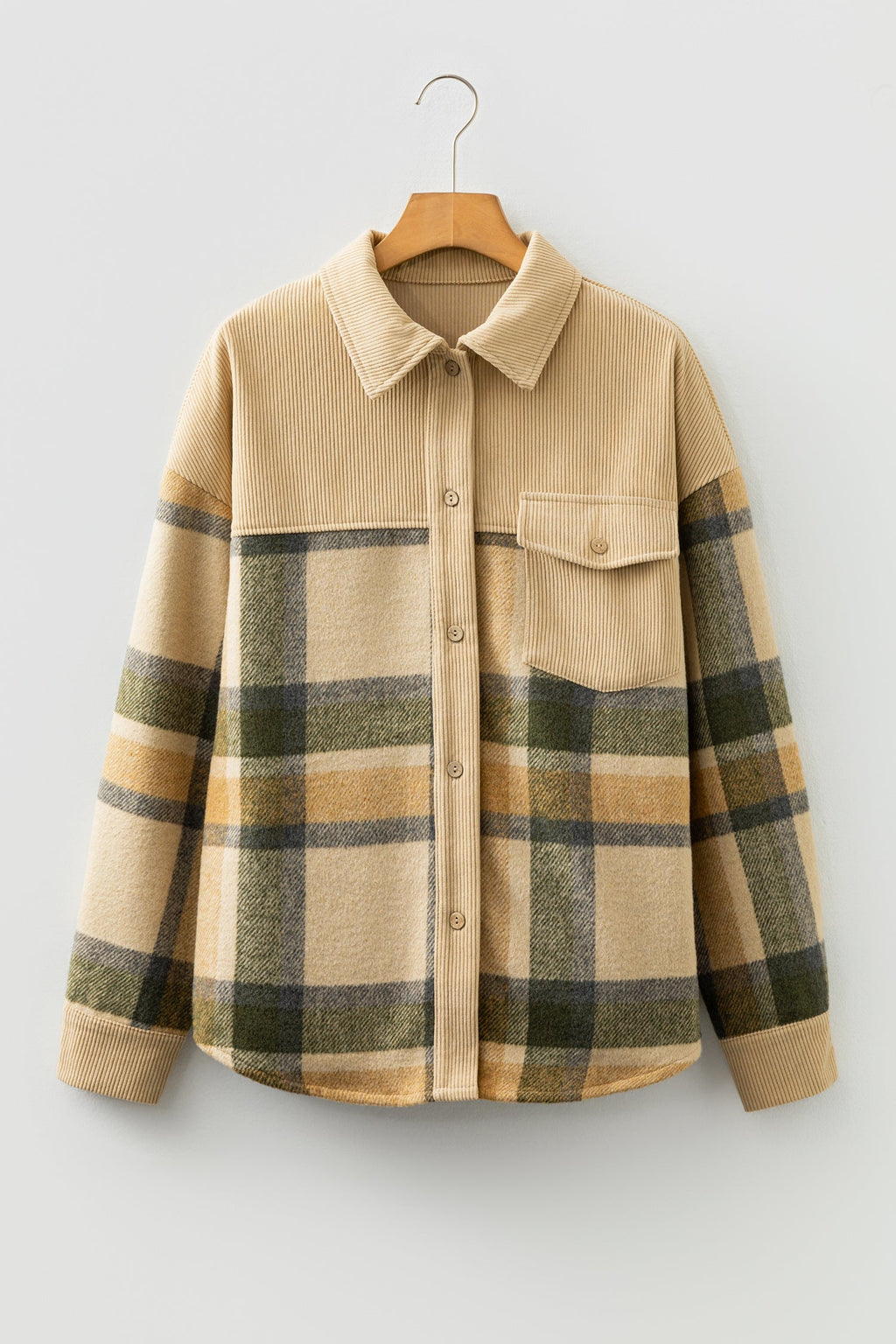 Plaid Corduroy Patchwork Chest Pocket Shacket Pretty Bash