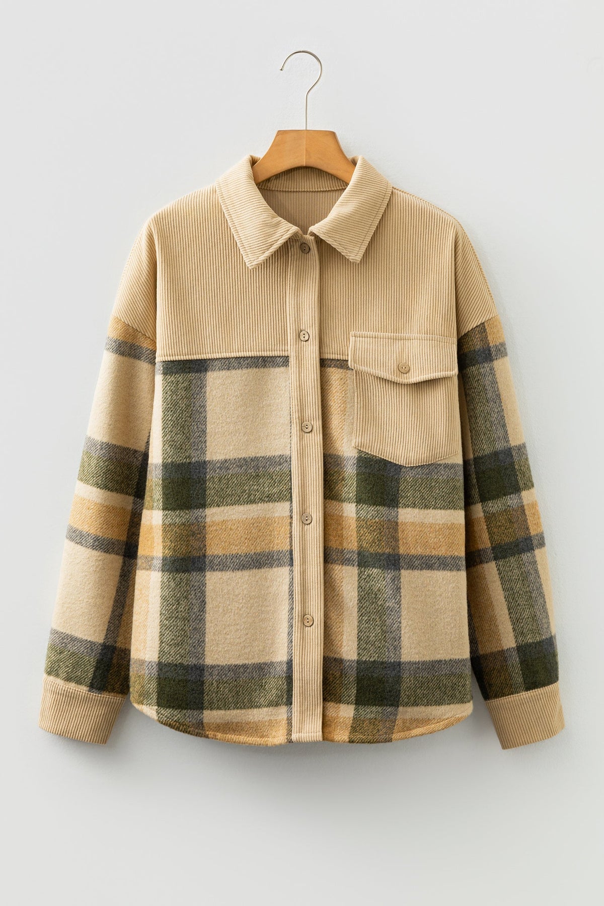 Plaid Corduroy Patchwork Chest Pocket Shacket Pretty Bash