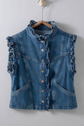Victorian Muse Ruffle-Trim Denim Vest – High Collar Statement Layer Fitkitty Culture Athleisure Wear, Yoga Wear & Women's Clothing