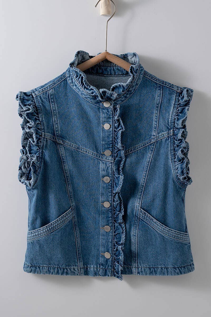 Victorian Muse Ruffle-Trim Denim Vest – High Collar Statement Layer Fitkitty Culture Athleisure Wear, Yoga Wear & Women's Clothing