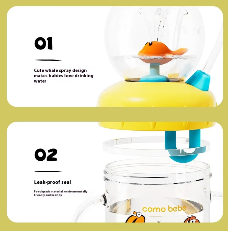 Children's Whale Cartoon Diving Fountain Water Bottle - Tritan Leakproof Sippy Cup (Various Sizes & Colors) Wear for Art Thou
