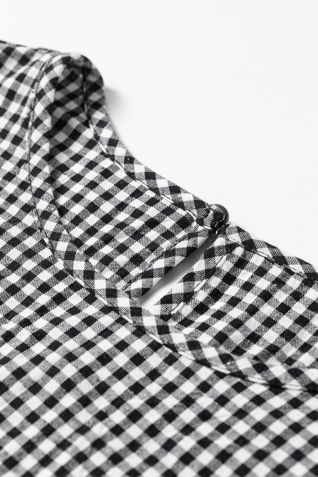 Gingham Shirred Cuff Long Sleeve Round Neck Blouse Pretty Bash