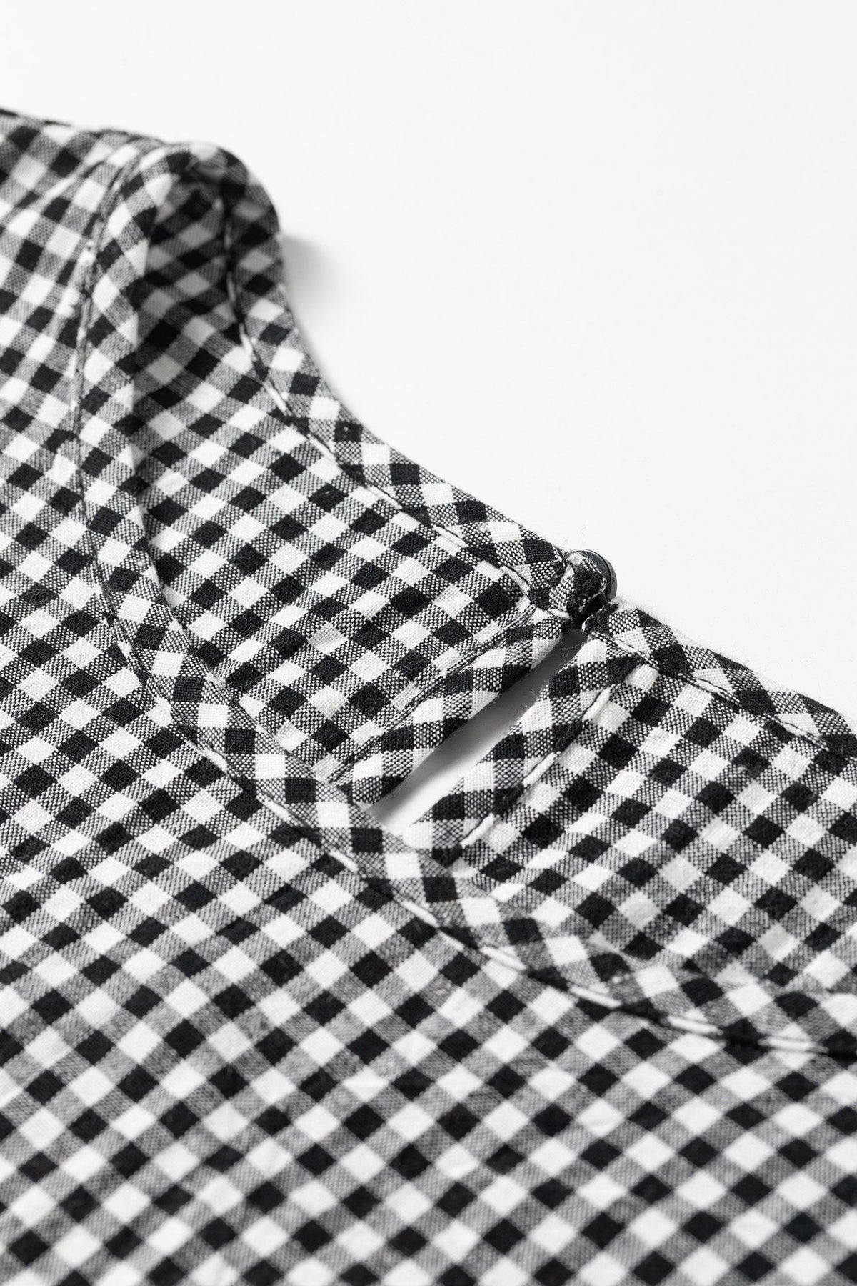 Gingham Shirred Cuff Long Sleeve Round Neck Blouse Pretty Bash