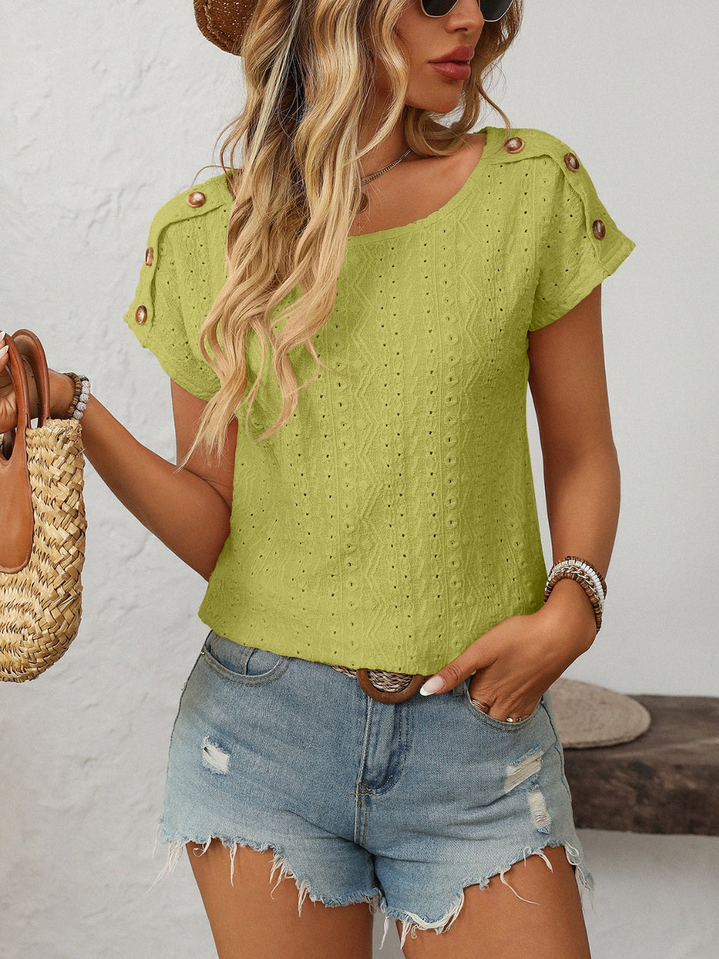 Mandy Eyelet Round Neck Short Sleeve Top VYSN