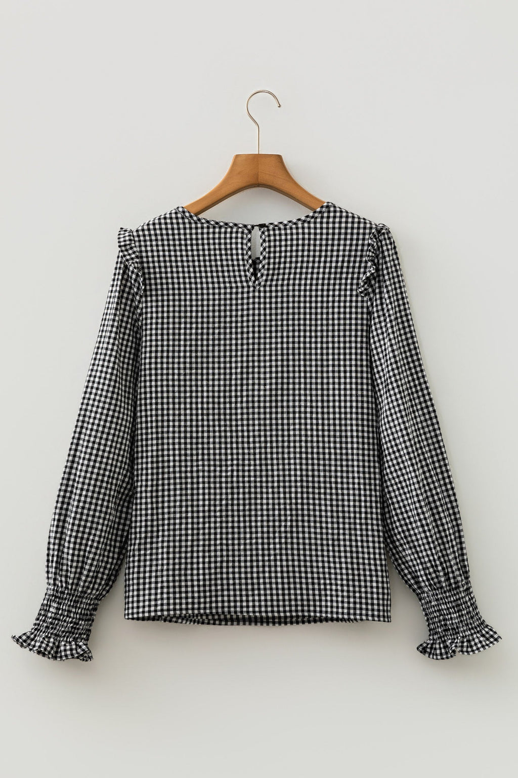 Gingham Shirred Cuff Long Sleeve Round Neck Blouse Pretty Bash