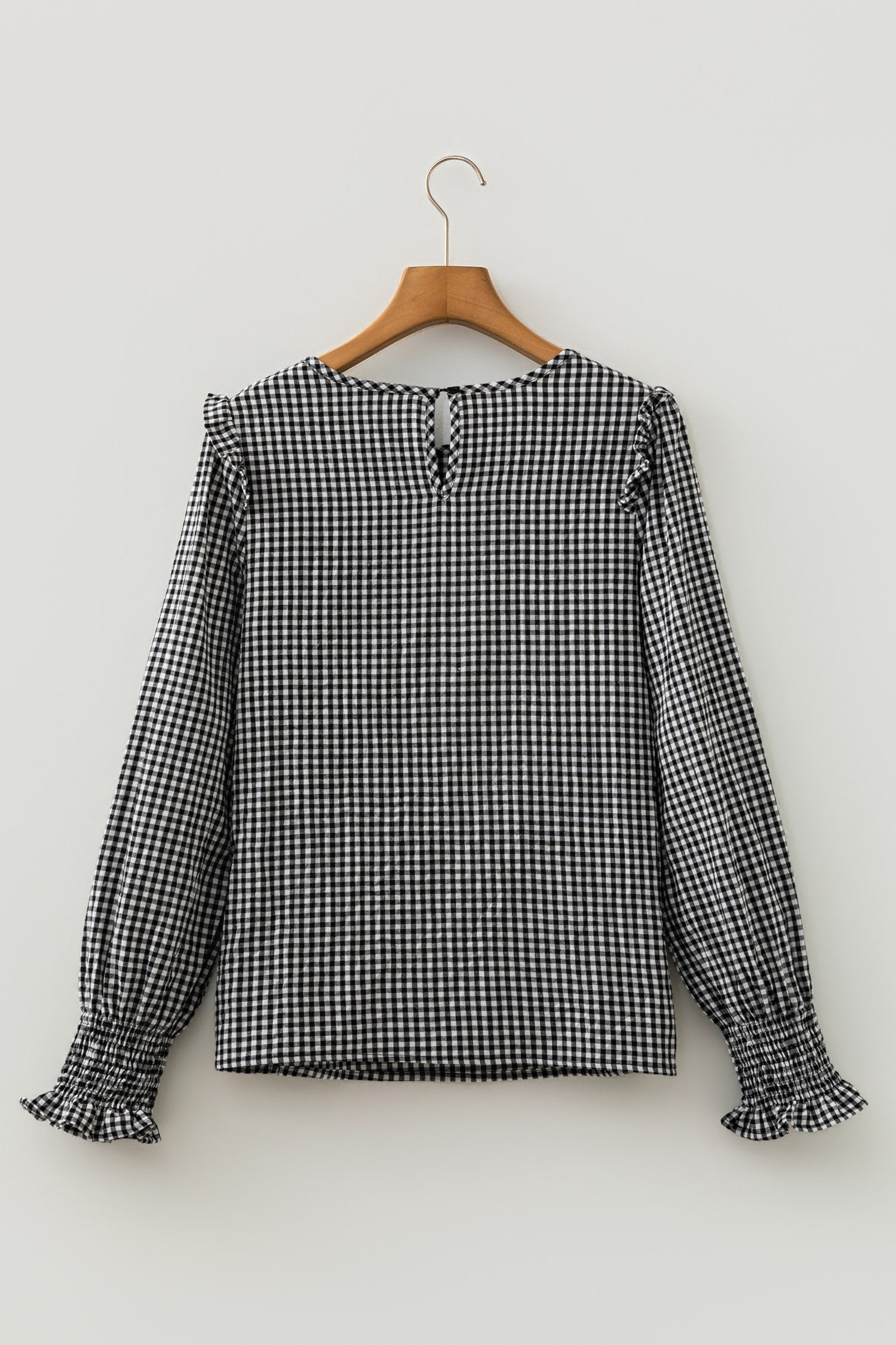 Gingham Shirred Cuff Long Sleeve Round Neck Blouse Pretty Bash