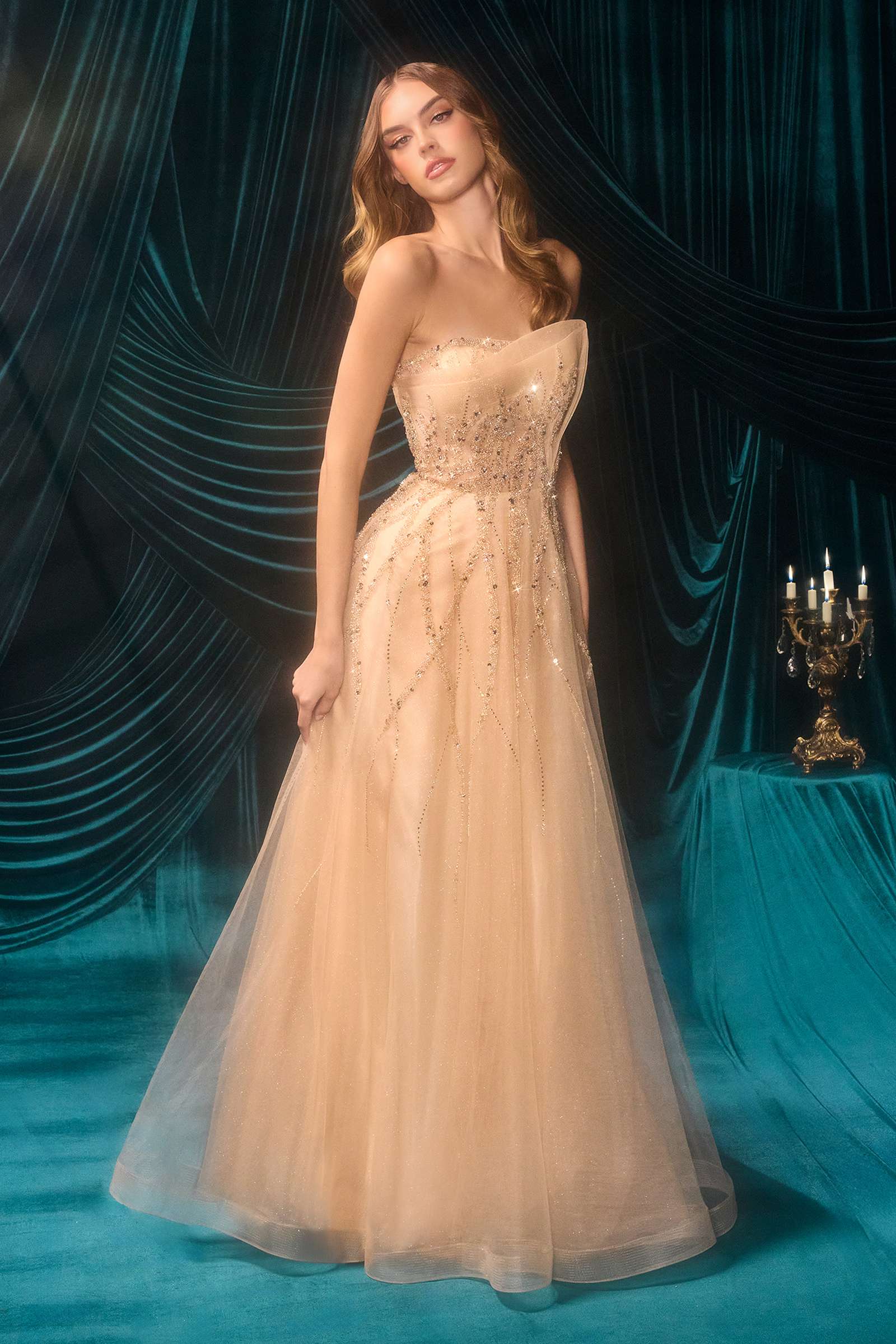 Andrea & Leo A1491 Boned Asymmetrical Sequin Bodice A-Line Formal Dress DiscountDressShop