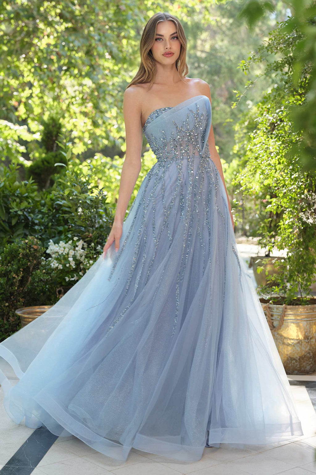 Andrea & Leo A1491 Boned Asymmetrical Sequin Bodice A-Line Formal Dress DiscountDressShop
