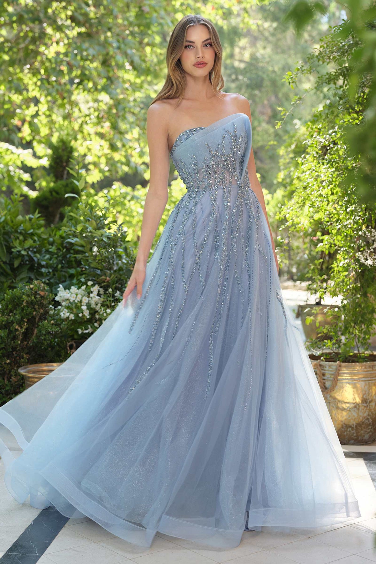 Andrea & Leo A1491 Boned Asymmetrical Sequin Bodice A-Line Formal Dress DiscountDressShop