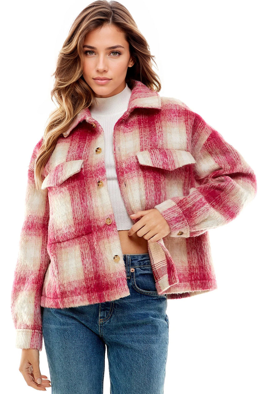 Vibrant Aura Pink Plaid Pocket Shacket Fitkitty Culture Athleisure Wear, Yoga Wear & Women's Clothing