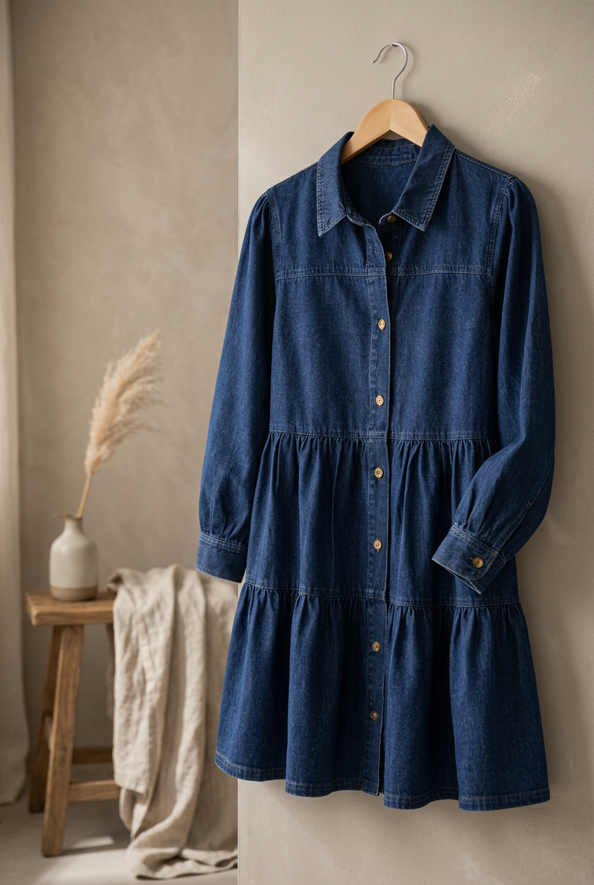 Button Down Babydoll Ruffle Denim Dress Fitkitty Culture Athleisure Wear, Yoga Wear & Women's Clothing