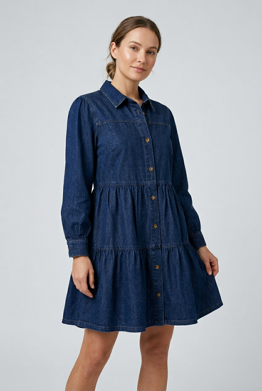 Button Down Babydoll Ruffle Denim Dress Fitkitty Culture Athleisure Wear, Yoga Wear & Women's Clothing