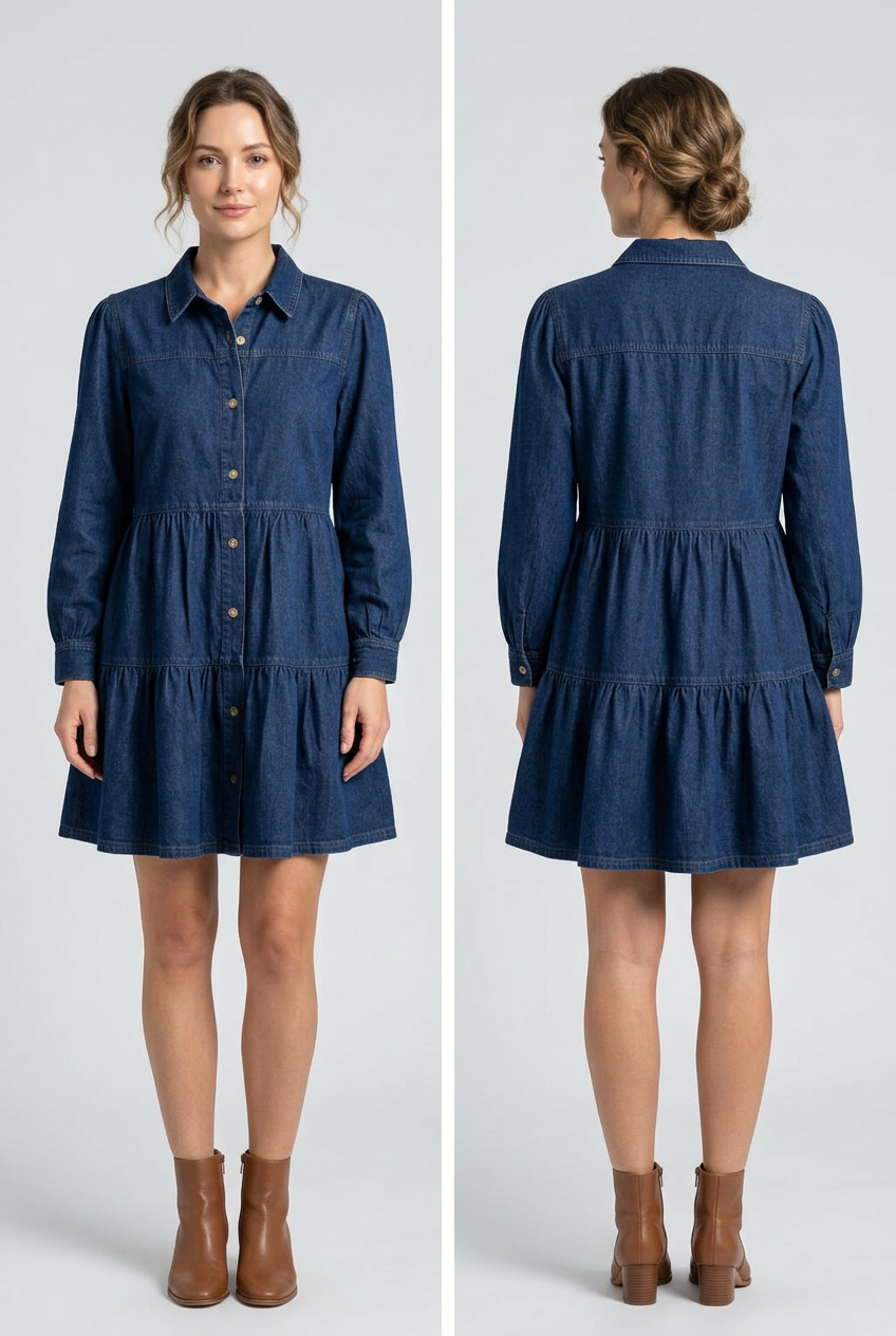 Button Down Babydoll Ruffle Denim Dress Fitkitty Culture Athleisure Wear, Yoga Wear & Women's Clothing