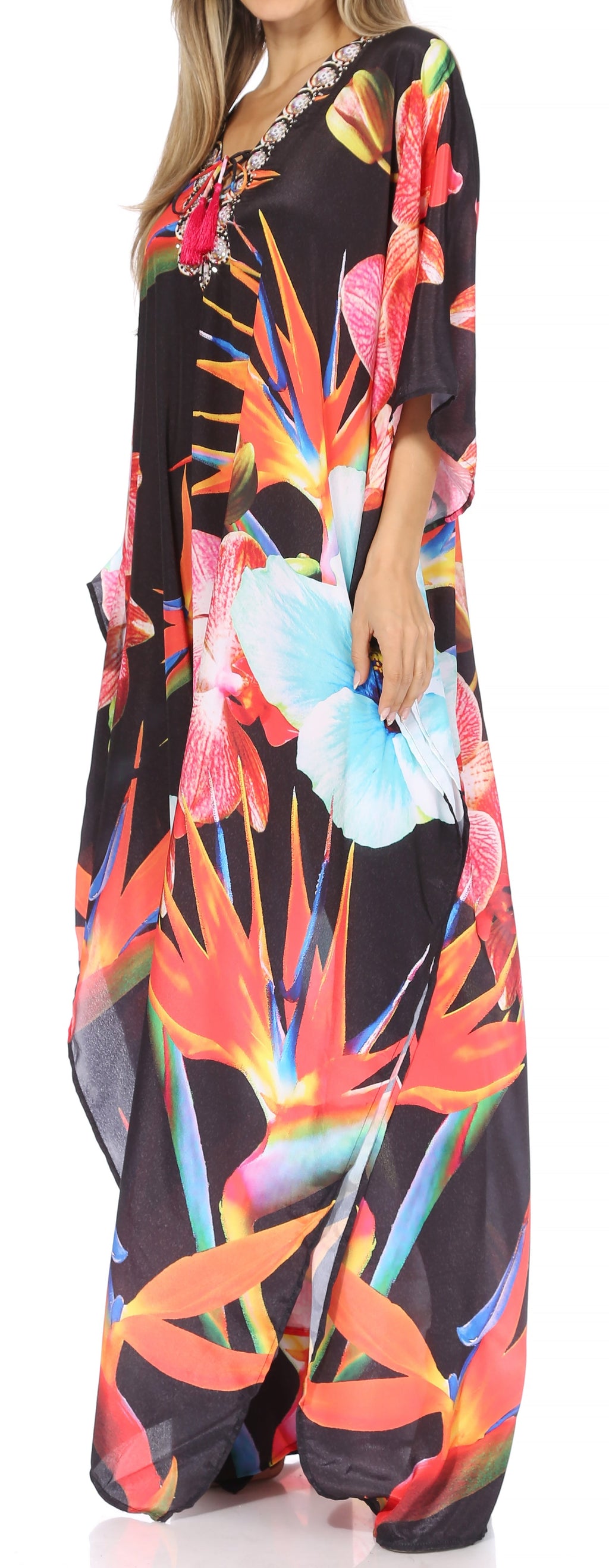 Sakkas Georgettina Flowy Rhinestone V Neck Long Caftan Dress/Cover Up Sakkas Store