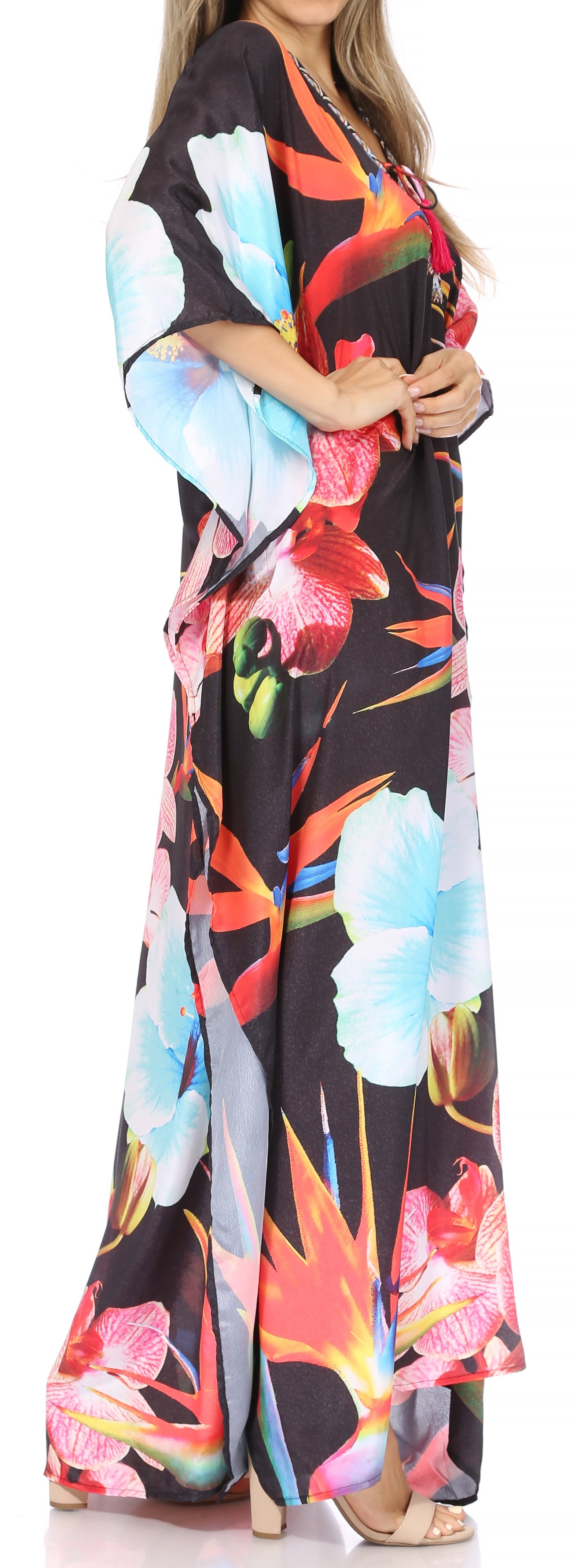 Sakkas Georgettina Flowy Rhinestone V Neck Long Caftan Dress/Cover Up Sakkas Store
