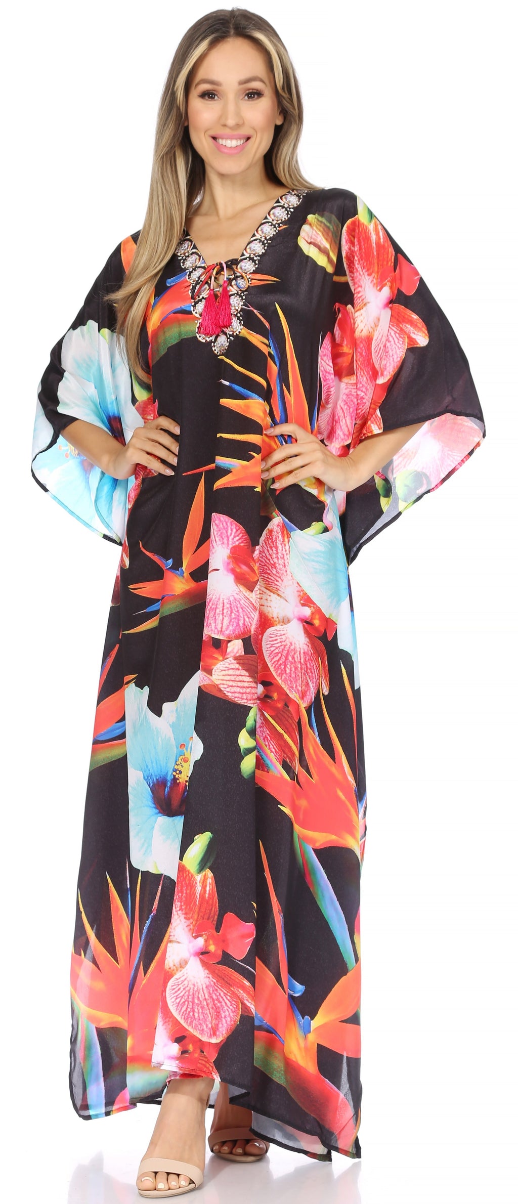Sakkas Georgettina Flowy Rhinestone V Neck Long Caftan Dress/Cover Up Sakkas Store