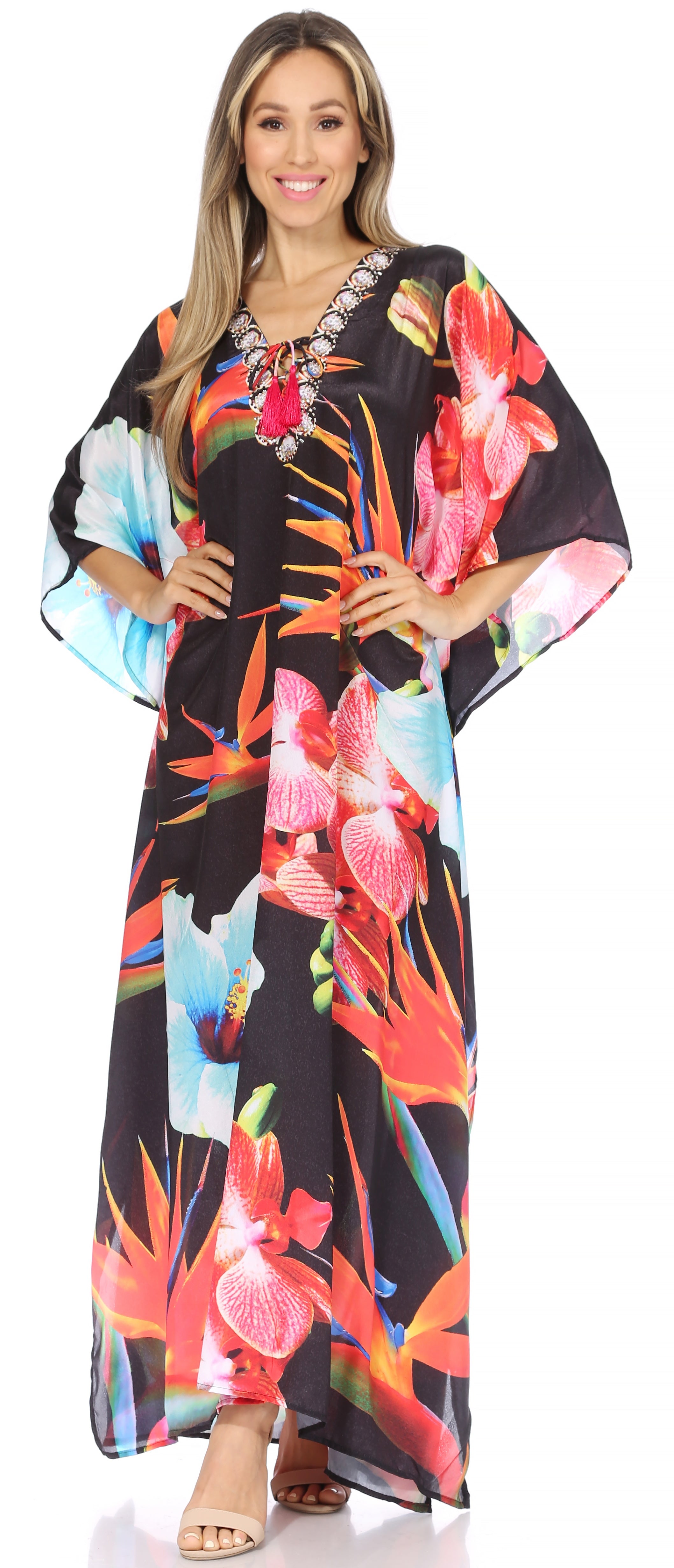 Sakkas Georgettina Flowy Rhinestone V Neck Long Caftan Dress/Cover Up Sakkas Store