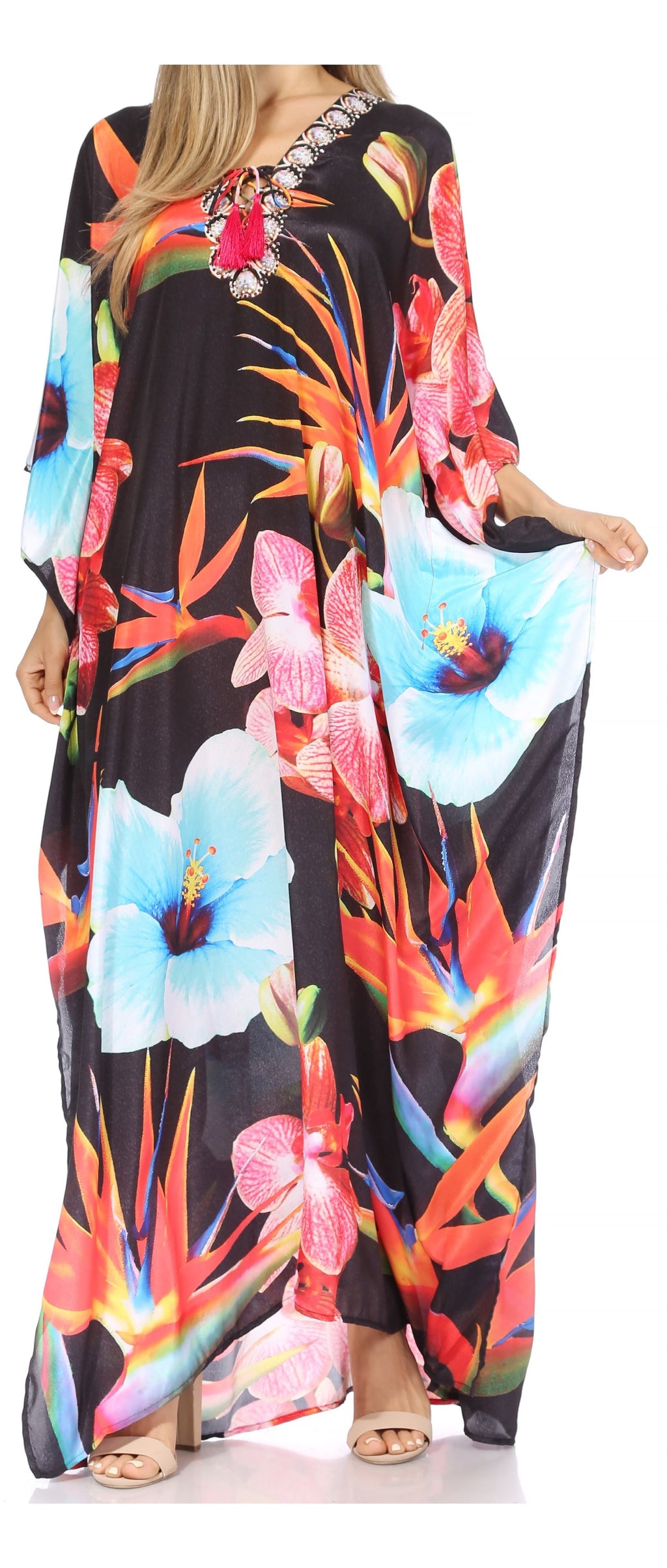 Sakkas Georgettina Flowy Rhinestone V Neck Long Caftan Dress/Cover Up Sakkas Store