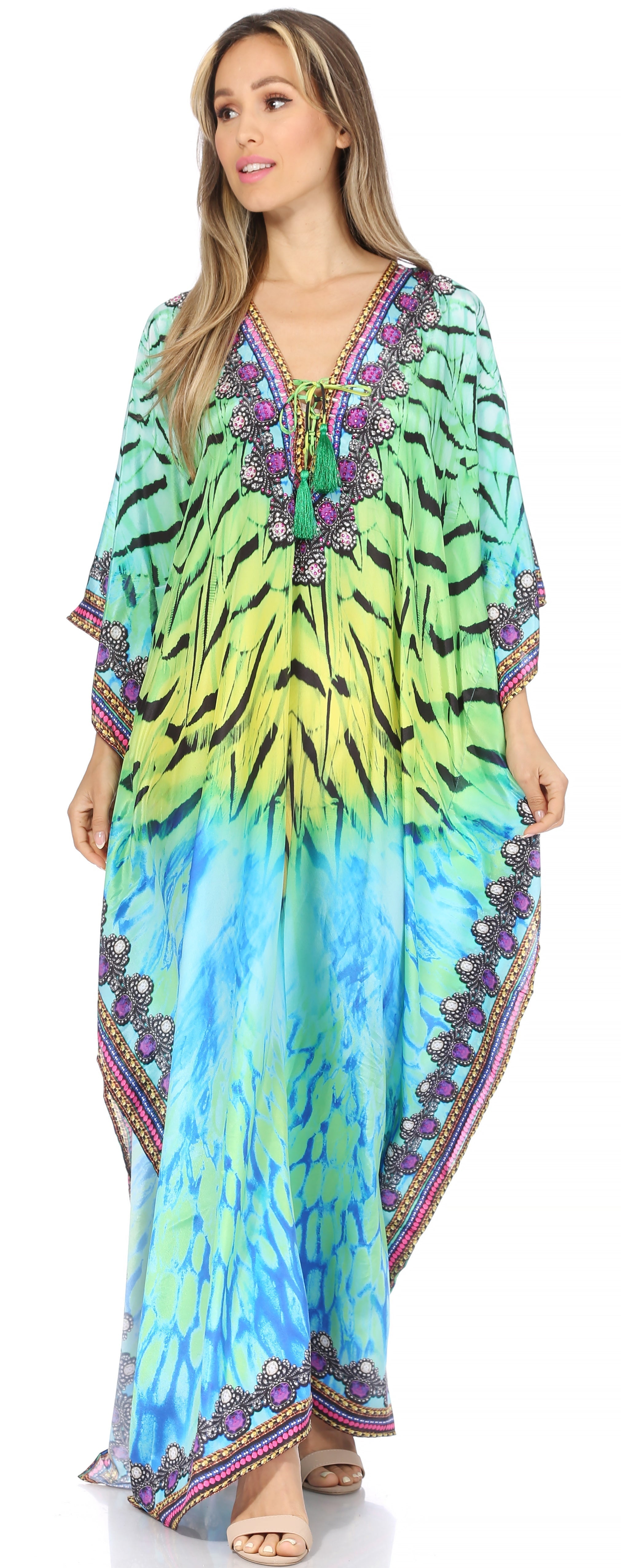 Sakkas Georgettina Flowy Rhinestone V Neck Long Caftan Dress/Cover Up Sakkas Store