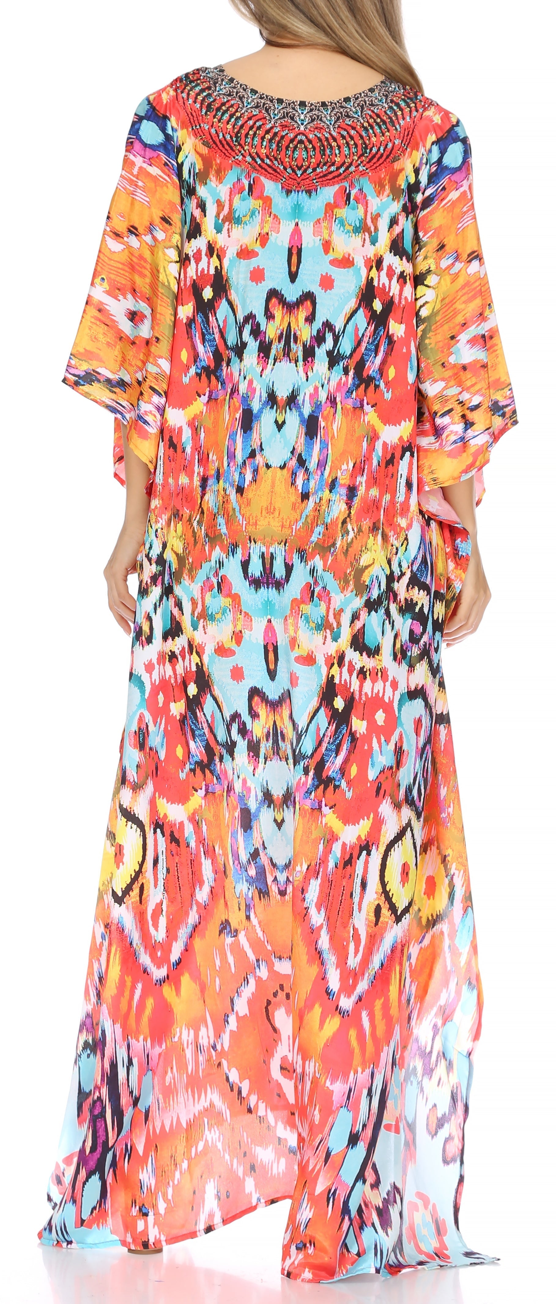 Sakkas Georgettina Flowy Rhinestone V Neck Long Caftan Dress/Cover Up Sakkas Store