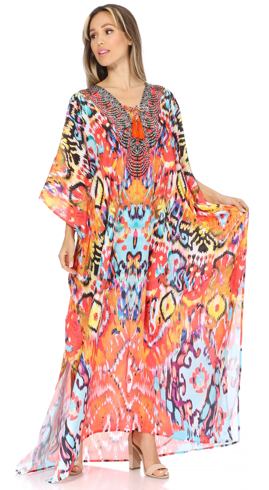 Sakkas Georgettina Flowy Rhinestone V Neck Long Caftan Dress/Cover Up Sakkas Store