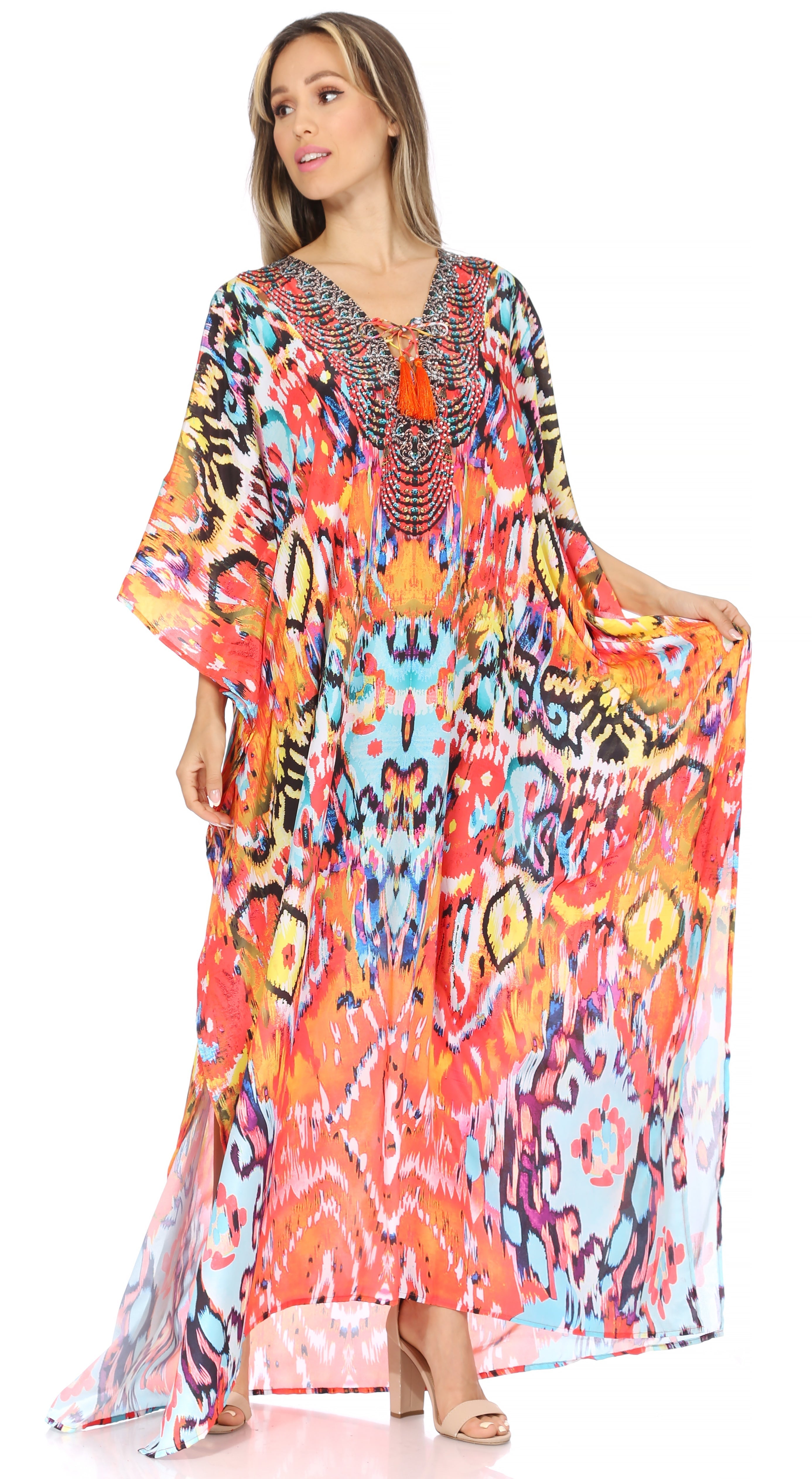 Sakkas Georgettina Flowy Rhinestone V Neck Long Caftan Dress/Cover Up Sakkas Store