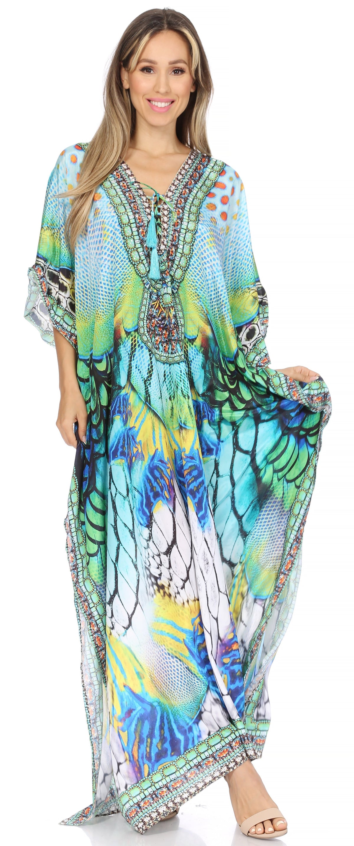 Sakkas Georgettina Flowy Rhinestone V Neck Long Caftan Dress/Cover Up Sakkas Store