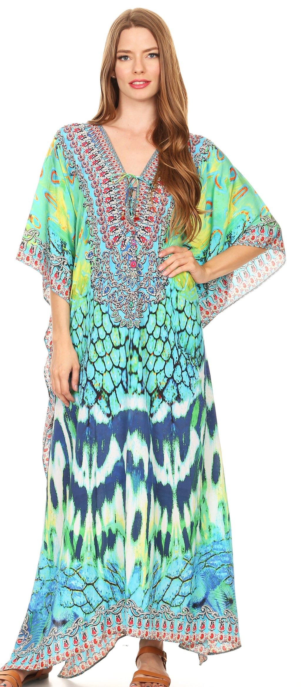 Sakkas Georgettina Flowy Rhinestone V Neck Long Caftan Dress/Cover Up Sakkas Store