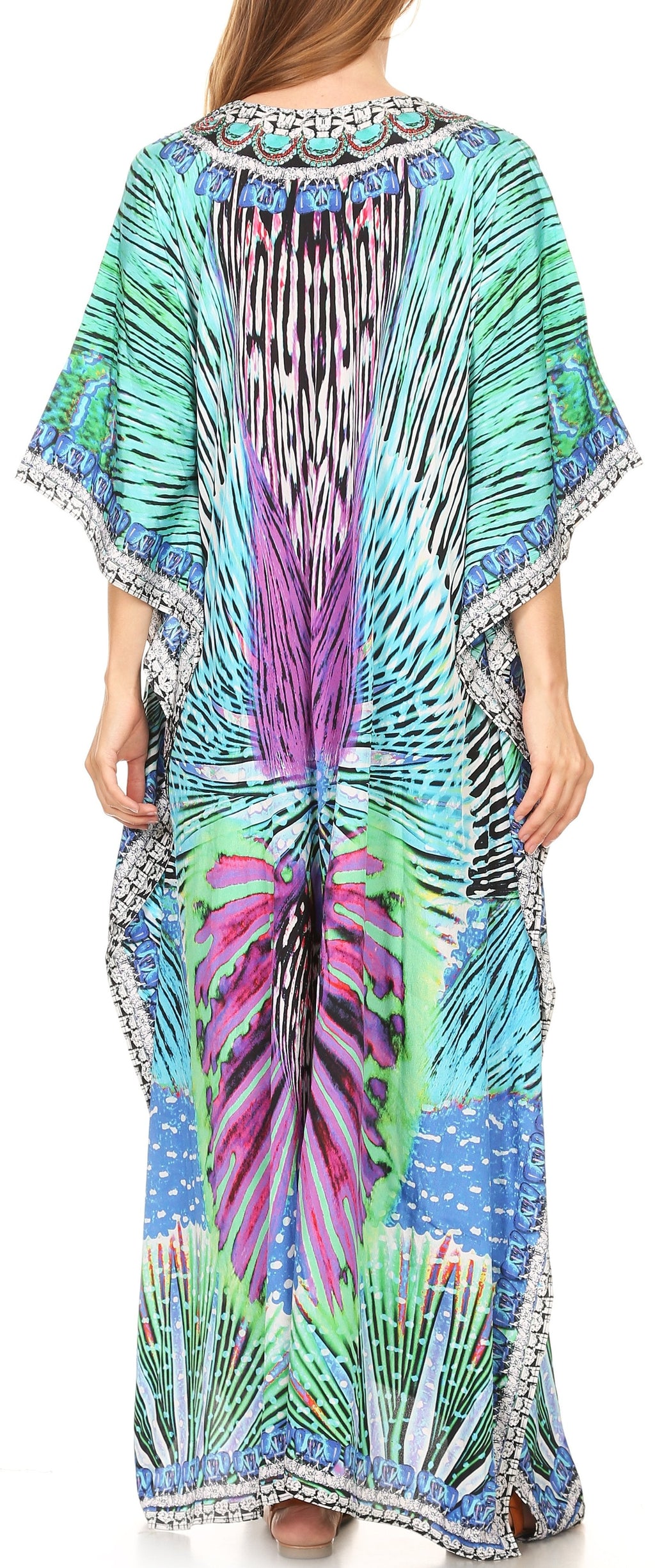 Sakkas Georgettina Flowy Rhinestone V Neck Long Caftan Dress/Cover Up Sakkas Store