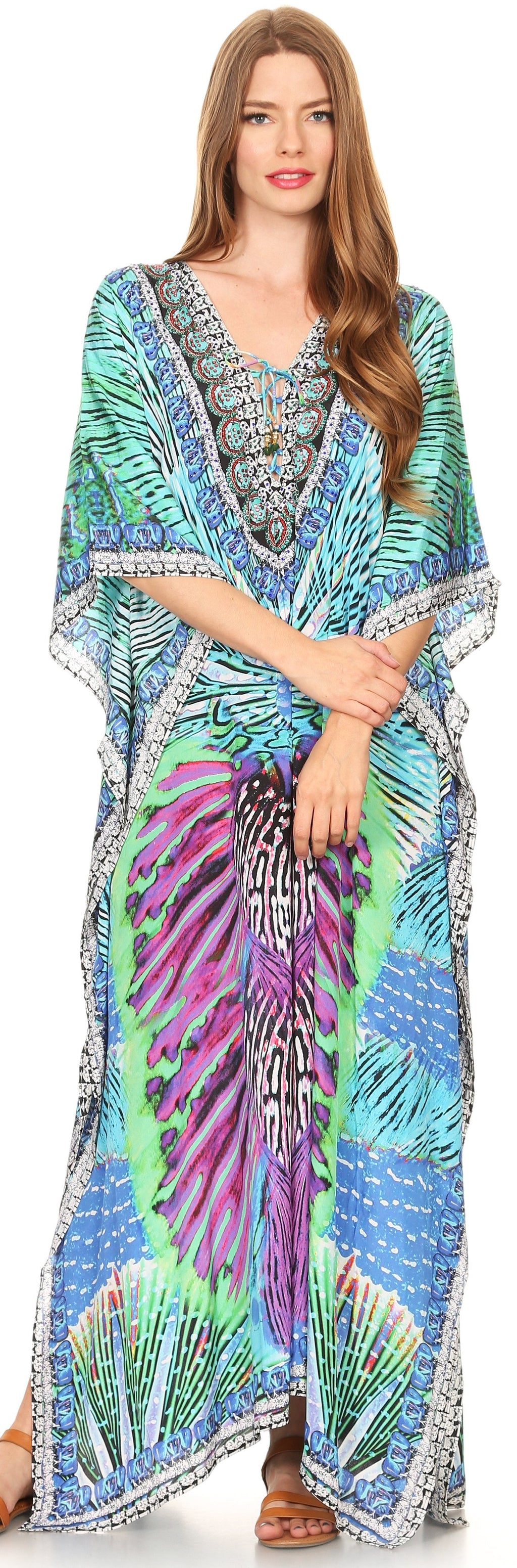 Sakkas Georgettina Flowy Rhinestone V Neck Long Caftan Dress/Cover Up Sakkas Store