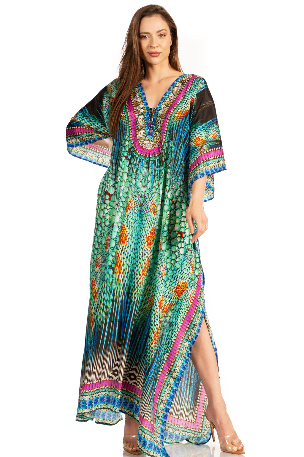 Sakkas Georgettina Flowy Rhinestone V Neck Long Caftan Dress/Cover Up Sakkas Store
