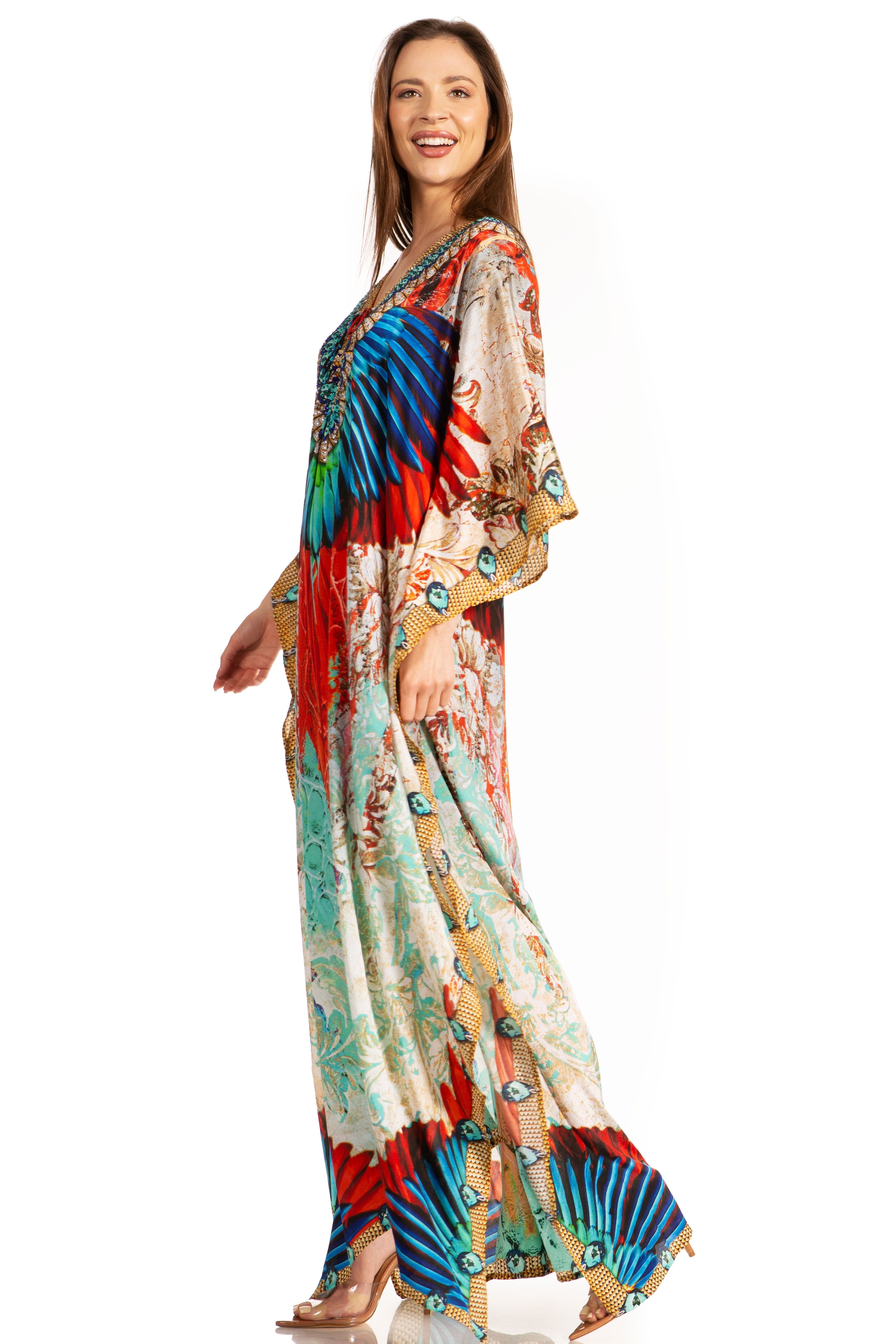 Sakkas Georgettina Flowy Rhinestone V Neck Long Caftan Dress/Cover Up Sakkas Store