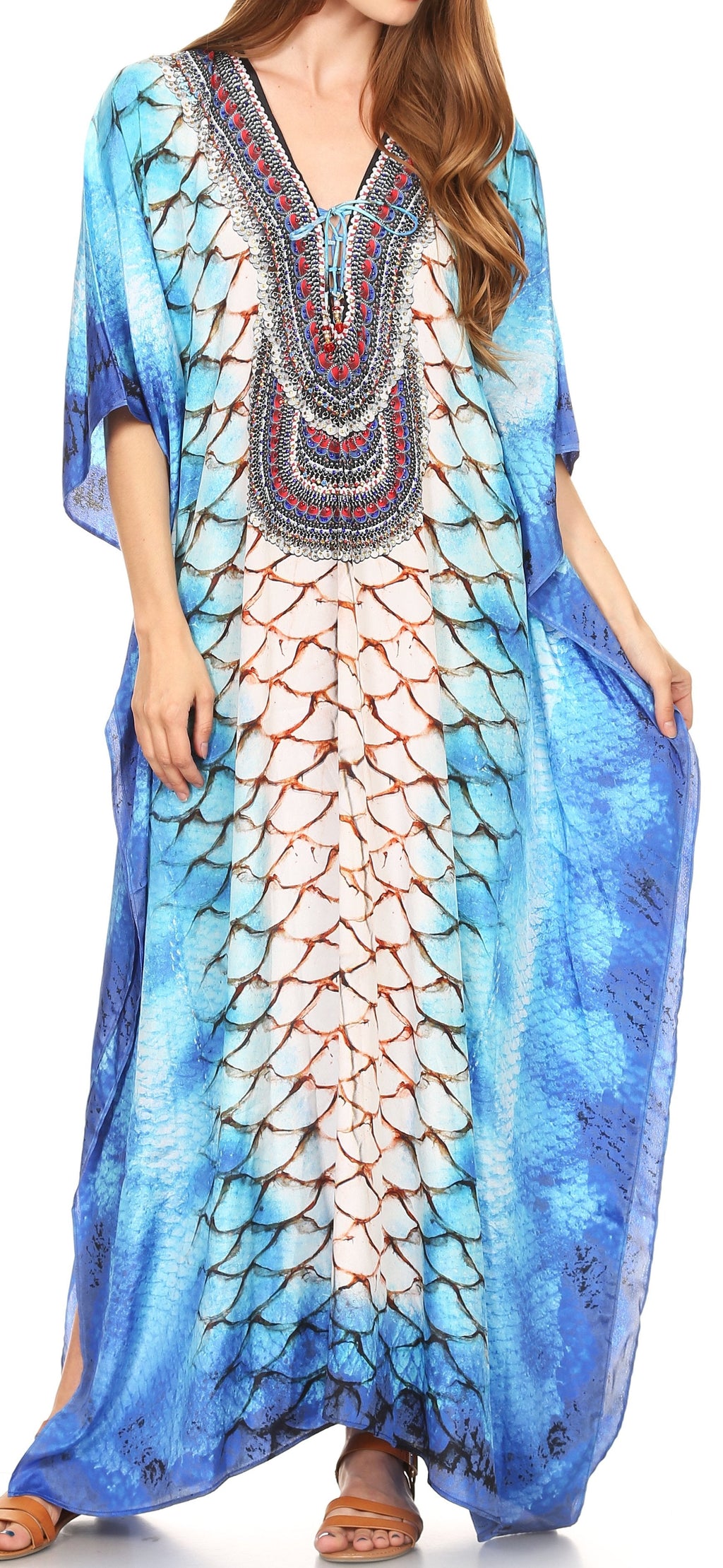 Sakkas Georgettina Flowy Rhinestone V Neck Long Caftan Dress/Cover Up Sakkas Store