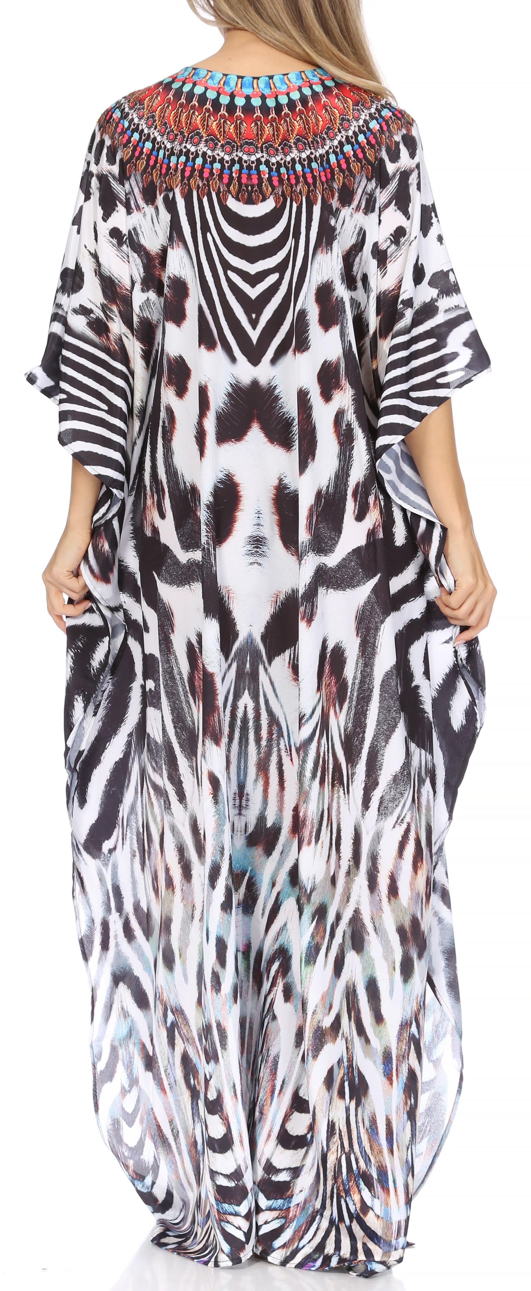 Sakkas Georgettina Flowy Rhinestone V Neck Long Caftan Dress/Cover Up Sakkas Store