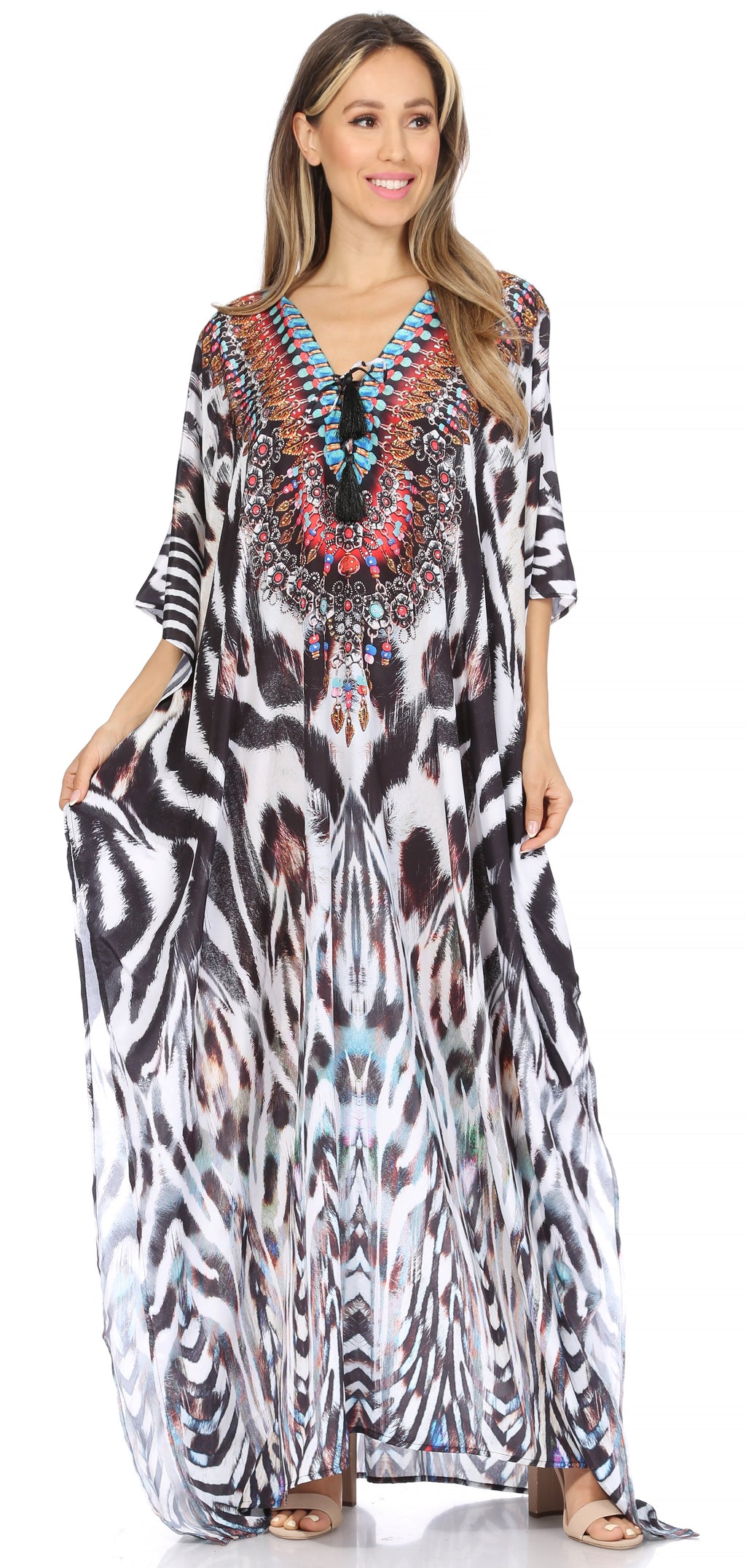 Sakkas Georgettina Flowy Rhinestone V Neck Long Caftan Dress/Cover Up Sakkas Store