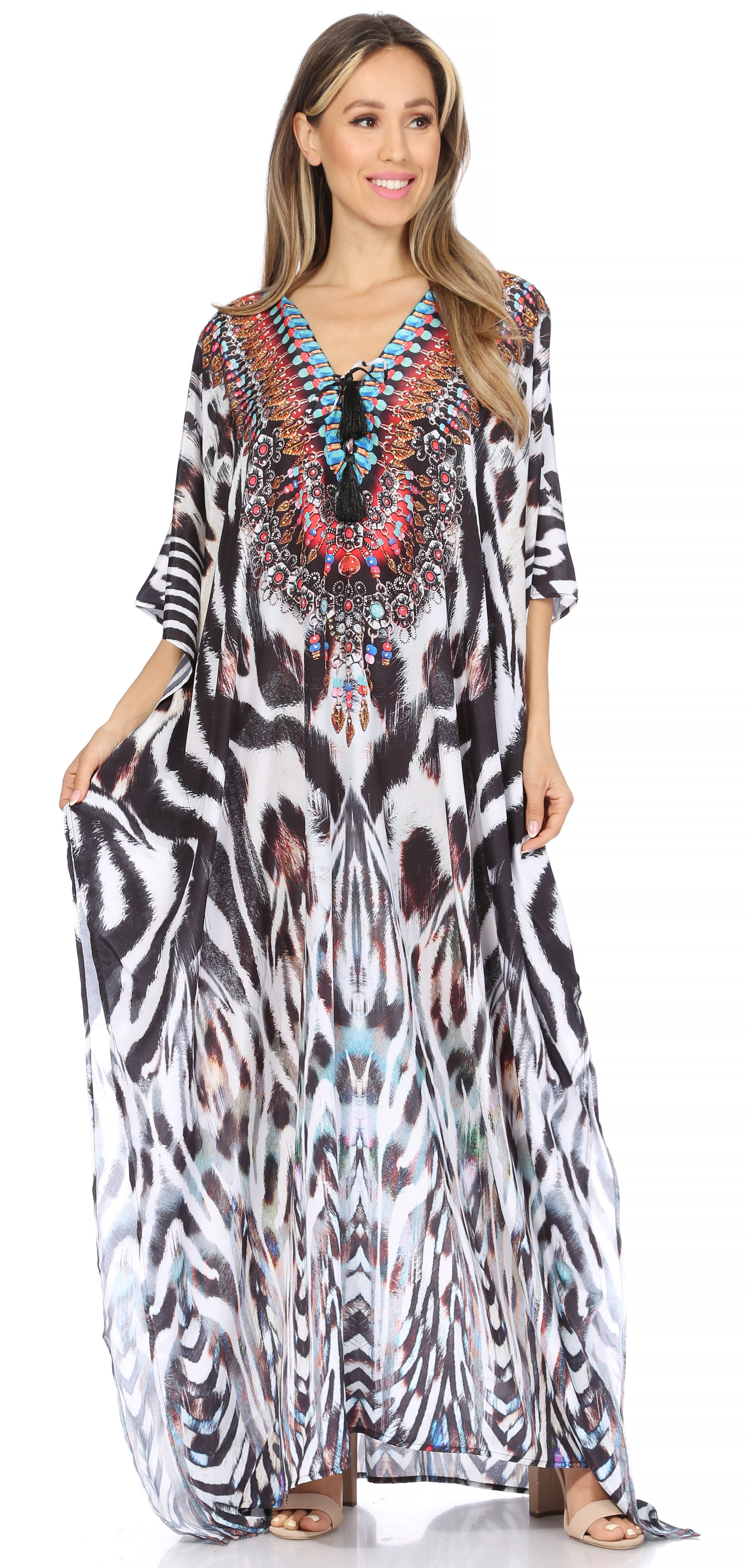 Sakkas Georgettina Flowy Rhinestone V Neck Long Caftan Dress/Cover Up Sakkas Store