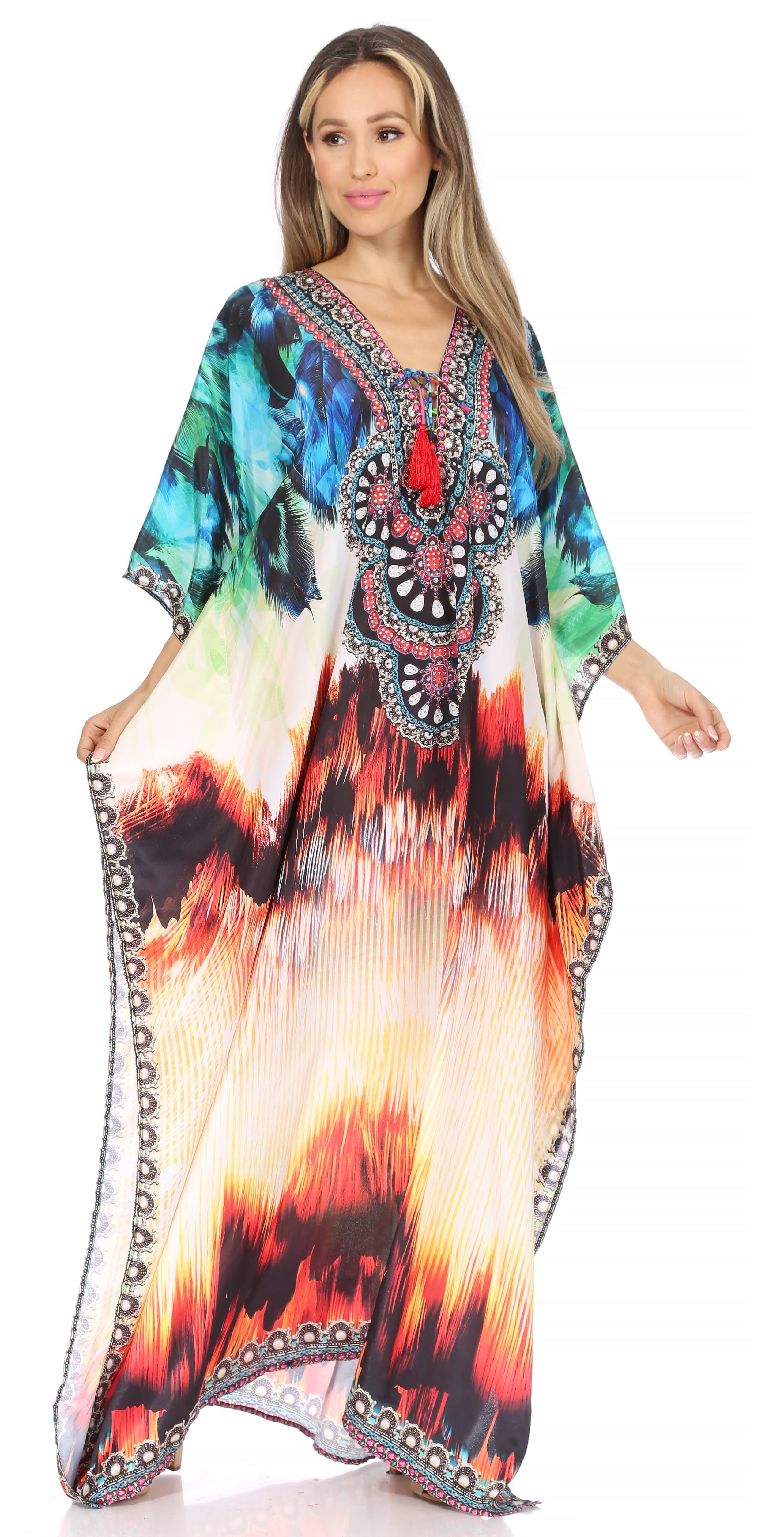 Sakkas Georgettina Flowy Rhinestone V Neck Long Caftan Dress/Cover Up Sakkas Store