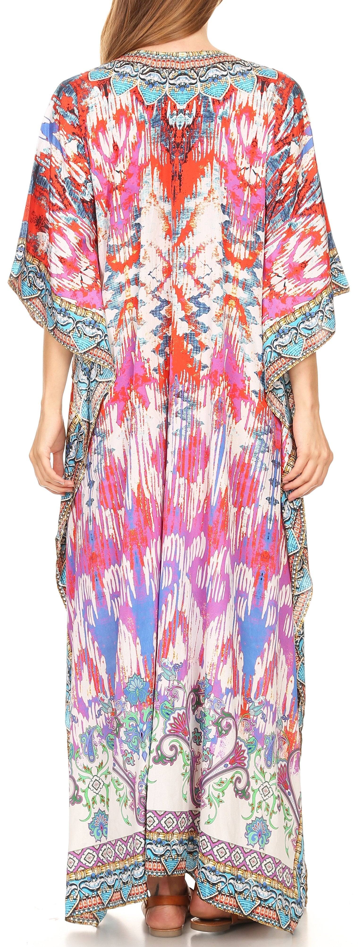 Sakkas Georgettina Flowy Rhinestone V Neck Long Caftan Dress/Cover Up Sakkas Store