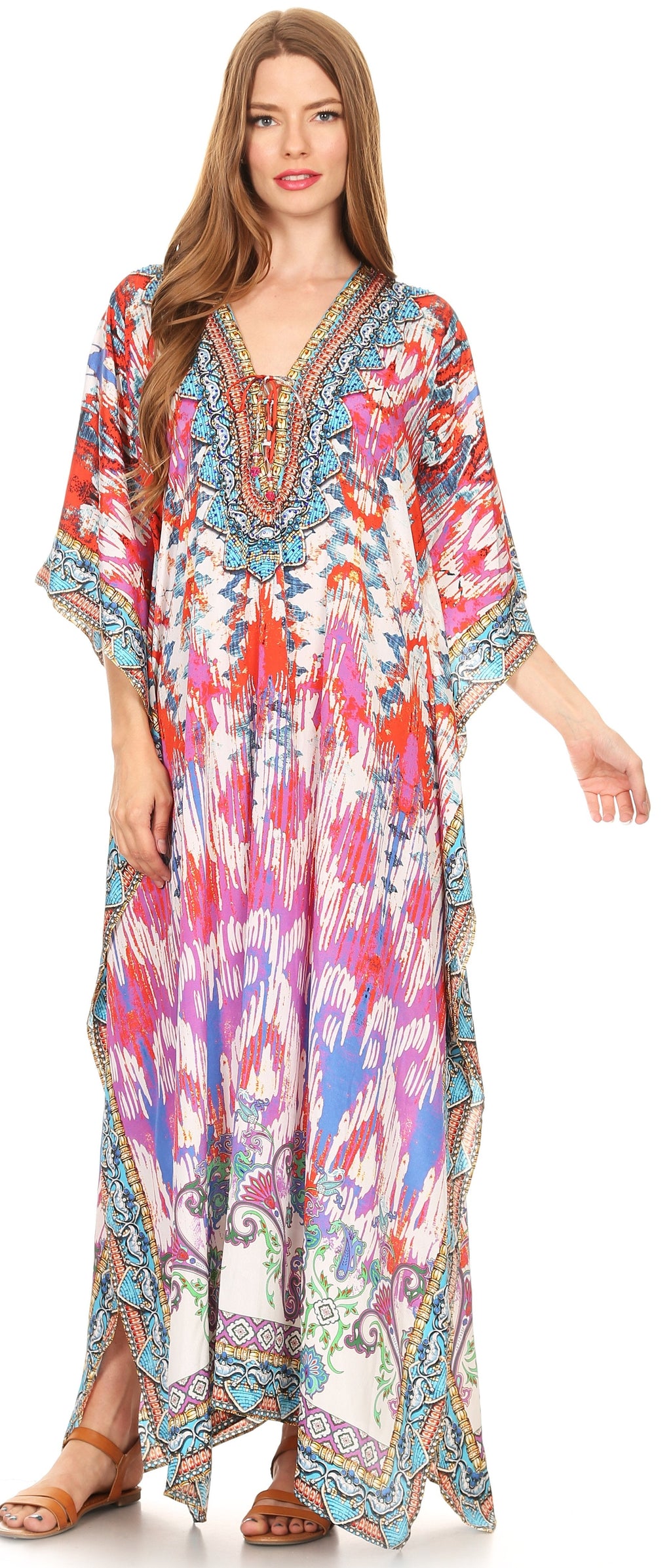 Sakkas Georgettina Flowy Rhinestone V Neck Long Caftan Dress/Cover Up Sakkas Store