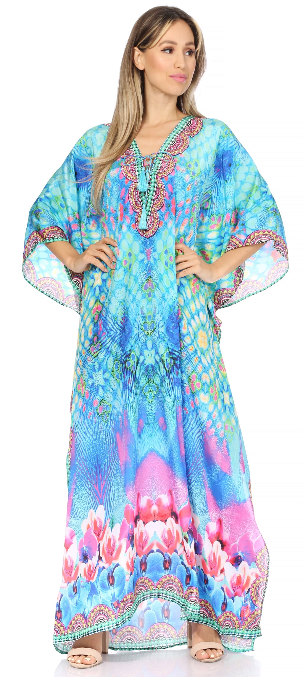 Sakkas Georgettina Flowy Rhinestone V Neck Long Caftan Dress/Cover Up Sakkas Store